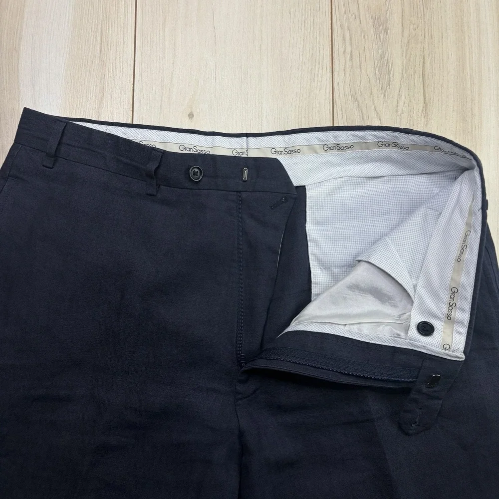 Gran Sasso 100% Flax Dress Pants Mens Size 34x32 Navy Blue Trousers Linen